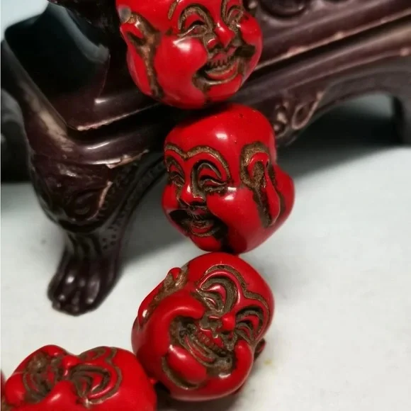 Good Chinese Old Collection Exquisite Red Coral Carved Buddha head Bracelet SD4